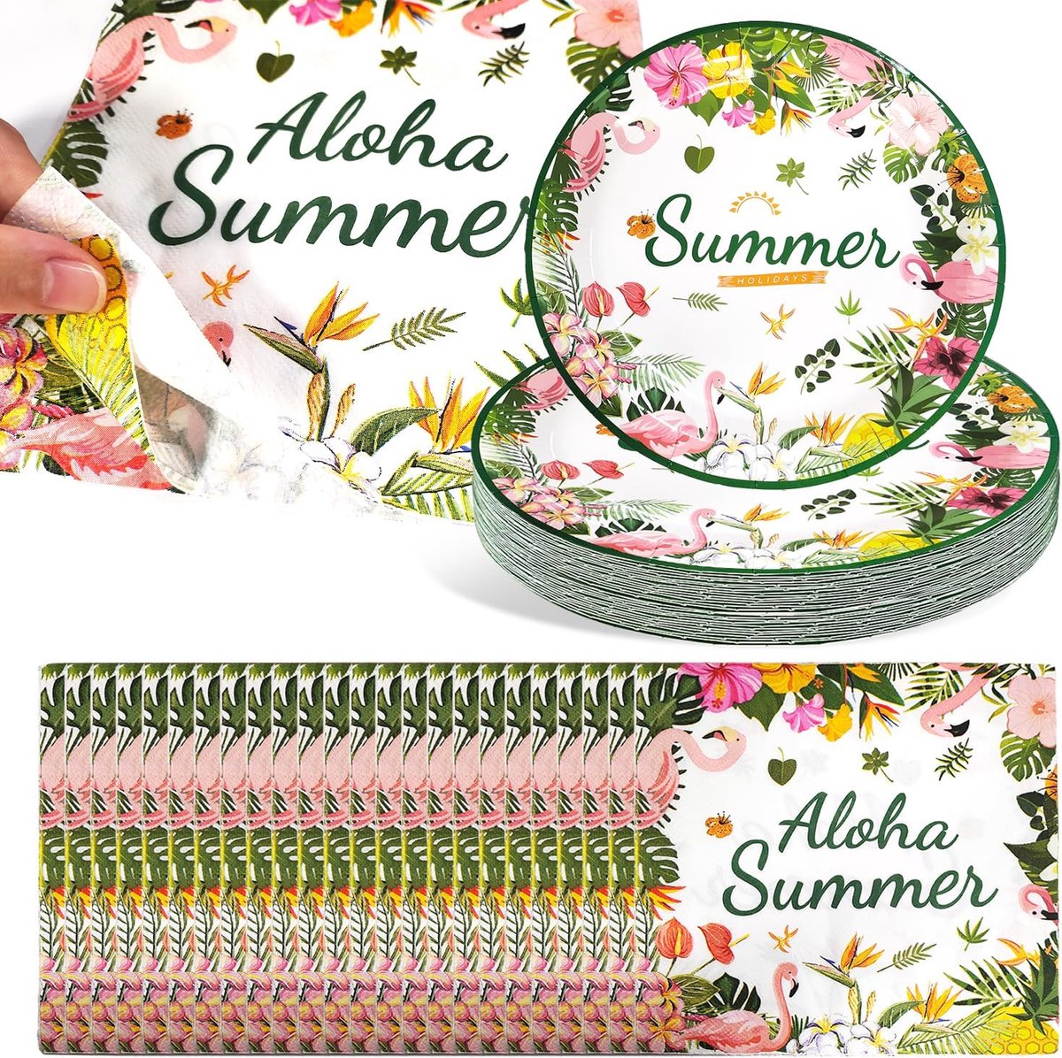 48 stuks feestaccessoires Hawaii Aloha papieren servetten flamingo serviesset flamingo-borden papier servies voor feestjes decoraties voor Hawaïparty, zwembadfeest
