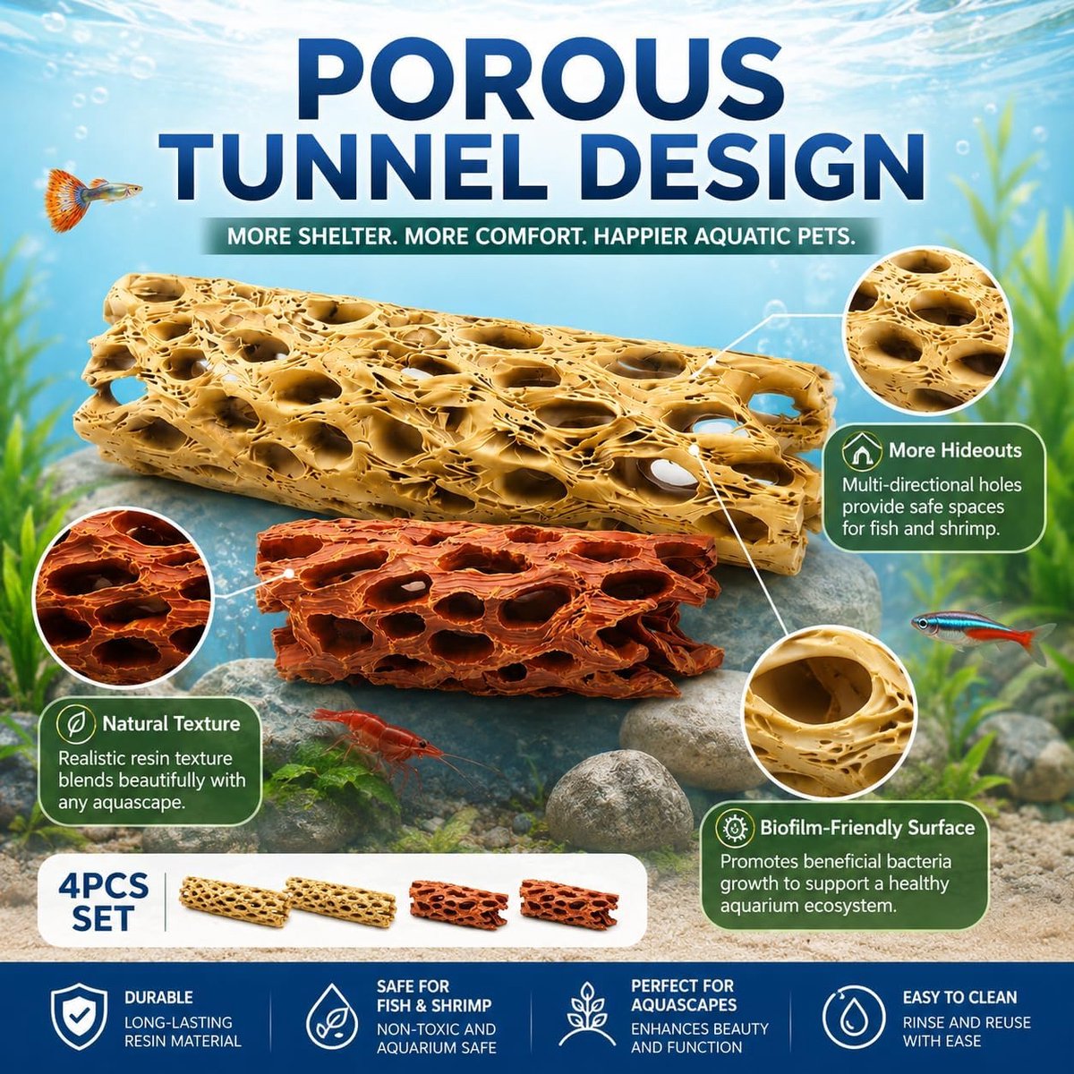 4 Stuks Aquarium Schuilplaats Van Hars Cholla Hout, Accessoires Voor Vis En Garnalenhabitat, Klim En Kauwspeelgoed Voor Heremietkreeften, Vissen, Slakken En Reptielen