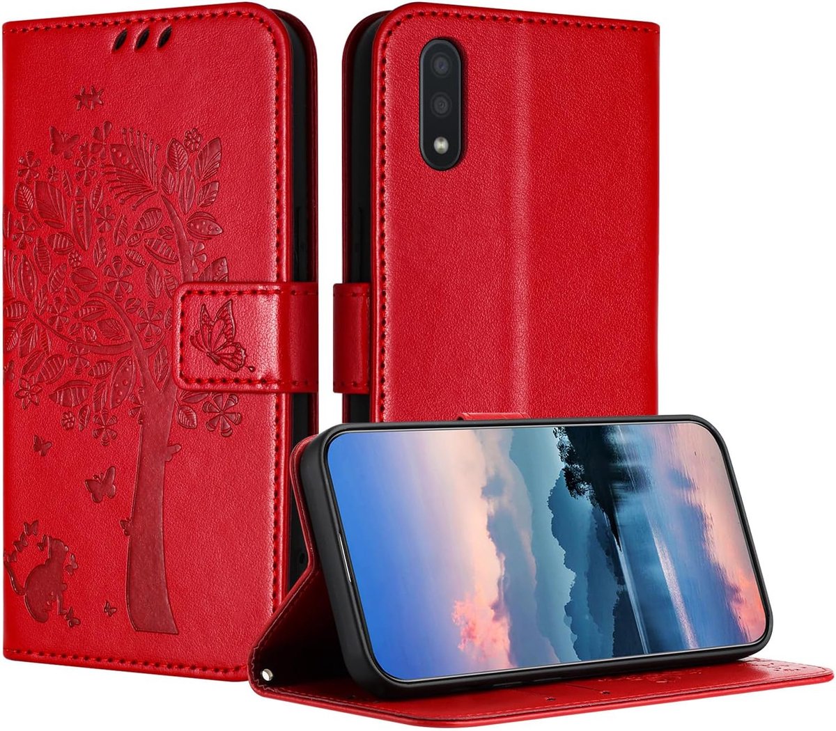 Hoes voor Samsung Galaxy A01/ M01, PU-leren portemonneehoes met reliëf met kaartenvak en magneetsluiting standfunctie hoesje compatibel met Samsung A01 - Rood