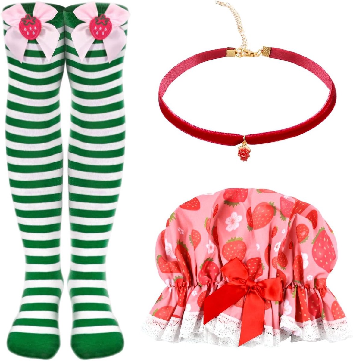 Schattige Aardbeien Kostuum Set met Hoed, Ketting en Gestreepte Kniekousen voor Carnaval en Halloween