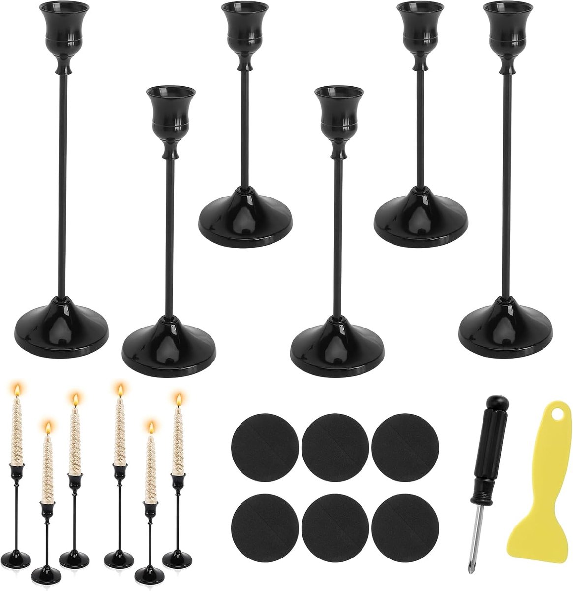 zwart, set van 6 stuks, staafkaarsenhouder, zwarte kandelaar, vintage kaarsenhouder, standaard, kandelaar, zwart, voor Kerstmis, decoratie, tafel, woonkamer, verjaardagsdiner, jubileum