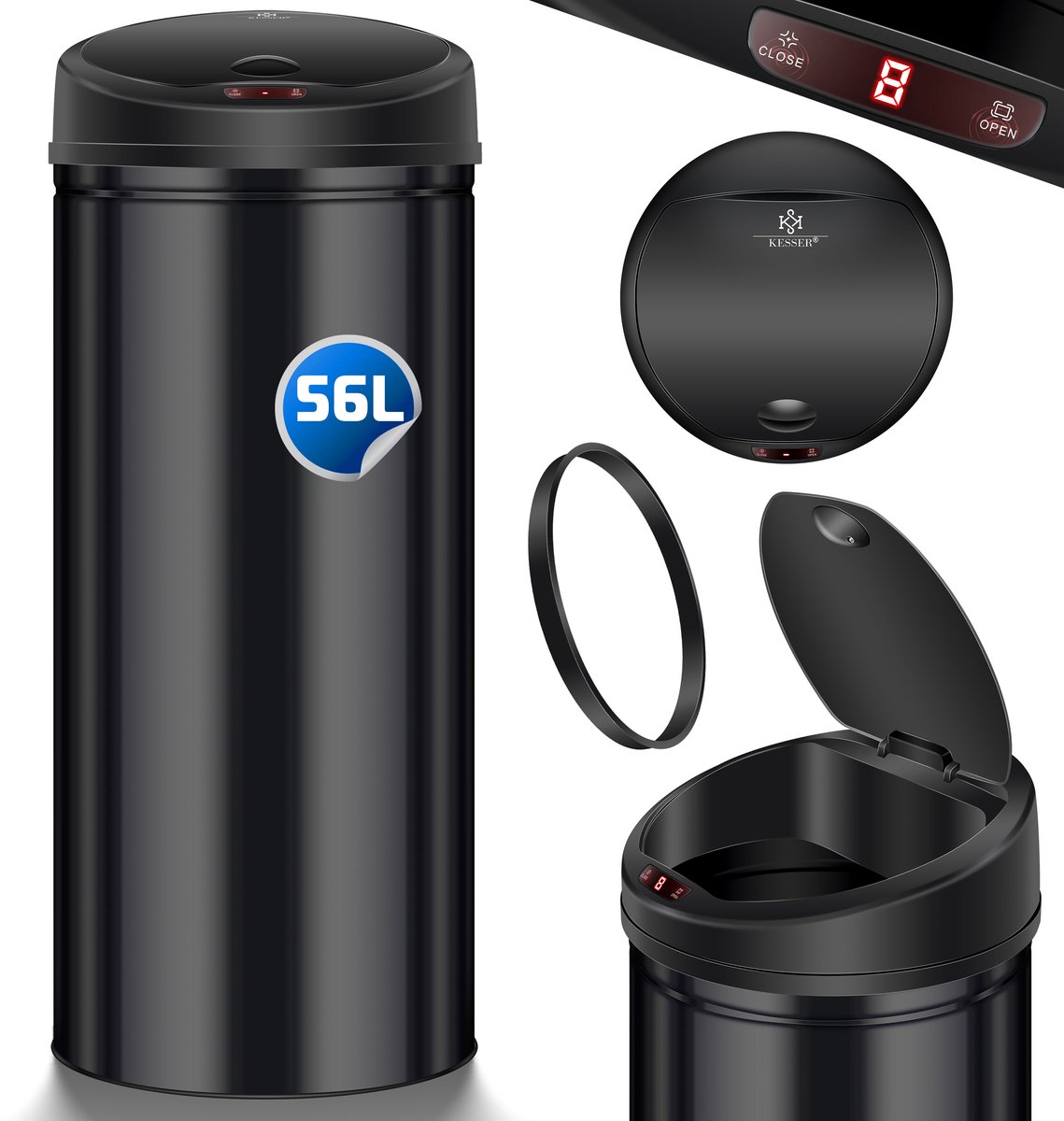KESSER Sensor vuilnisemmer ✓ automatisch ✓ afvalemmer ✓ afval | roestvrij staal | 56 liter zwart