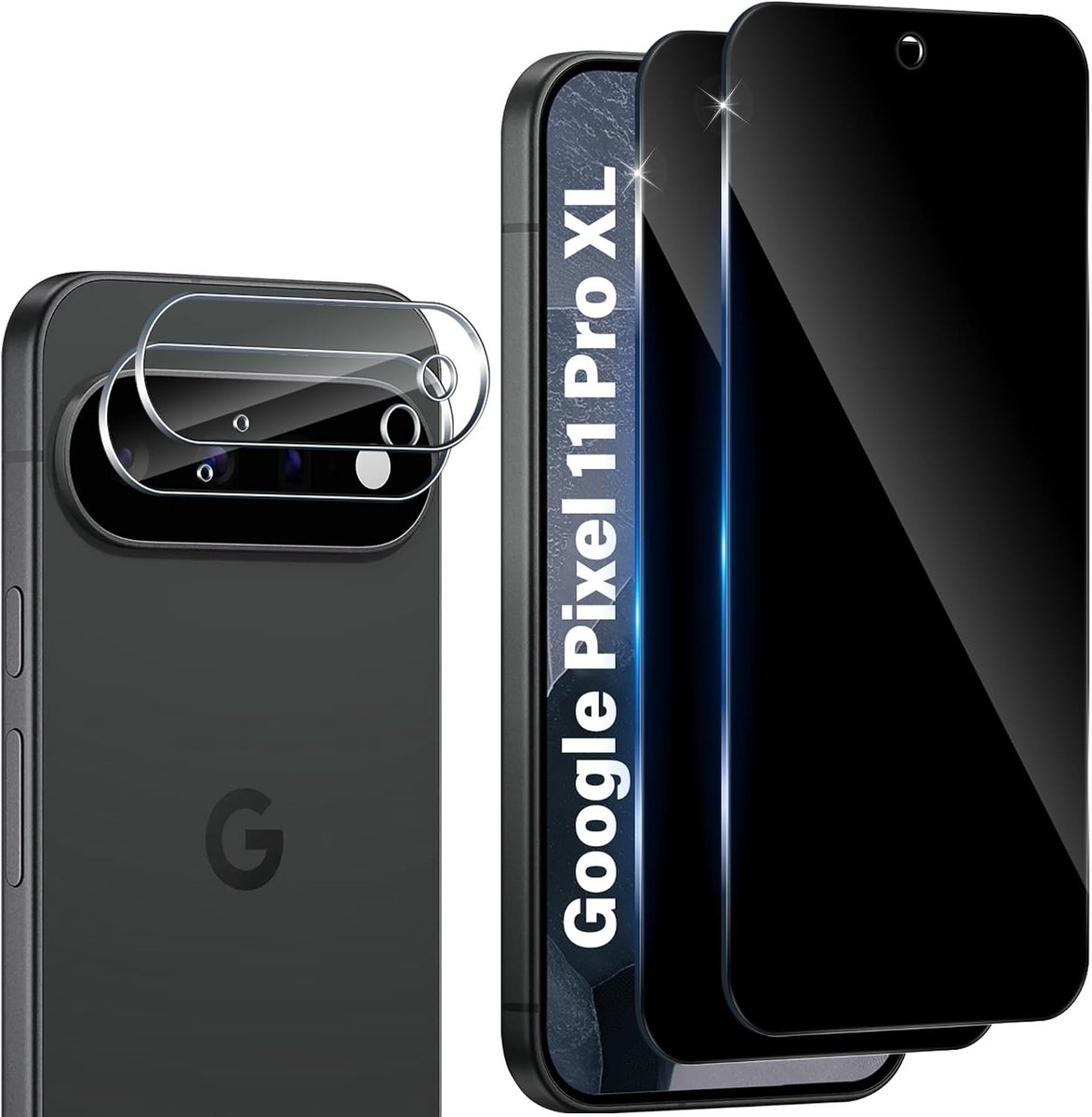 Inkijkbescherming voor Google Pixel 11 Pro XL 5G voor pantserglas, 2 stuks privacyfolie, 2 stuks camerabescherming, 9H hardheid, anti-spyfolie, krasbestendig, privacy gehard glas beschermfolie