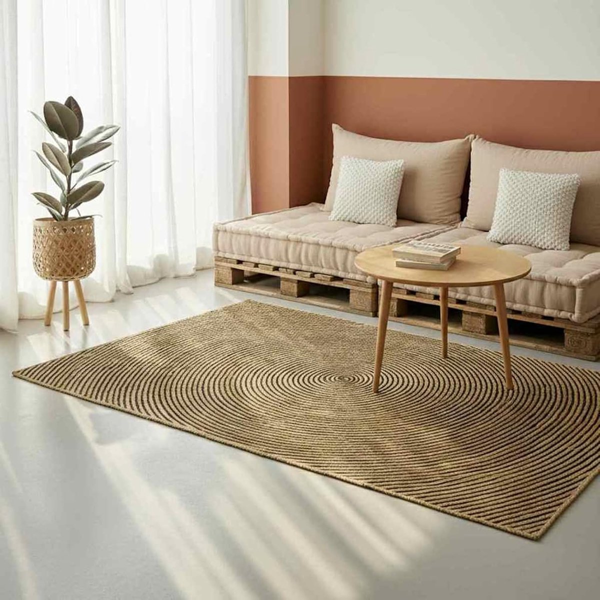 Tapijt jute natuurlijk zwart 120 x 170 cm rond modern machinewasbaar woonkamer kinderkamer gezellig duurzaam voor binnen
