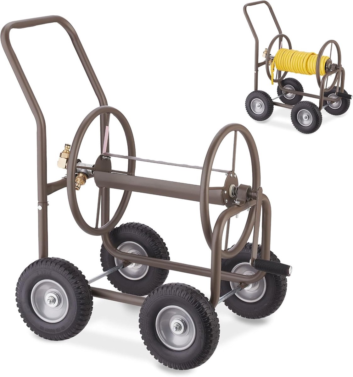 Slangenwagen, tot 60 m, 4 wielen van volrubber, klikaansluiting, tuinslanghaspel metaal, slanghouder, bruin