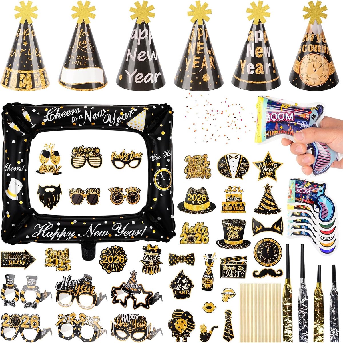 Deco 2026 oudejaarsavond foto rekwisieten Happy New Year Eve 2026 Decoratie oudejaarsavond decoratie 2026 fotobox fotowand opblaasbare fotolijst Nieuwjaar oudejaarsavond party hoeden