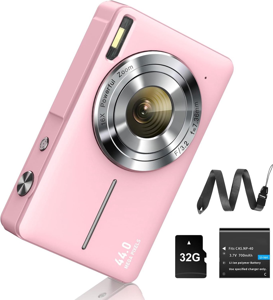 camera, 1080p, 44 MP, fotocamera, FHD, 16x digitale zoom, digitale camera met batterij, draagbare eenvoudige digitale camera voor kinderen, studenten, tieners, beginners en senioren (roze)