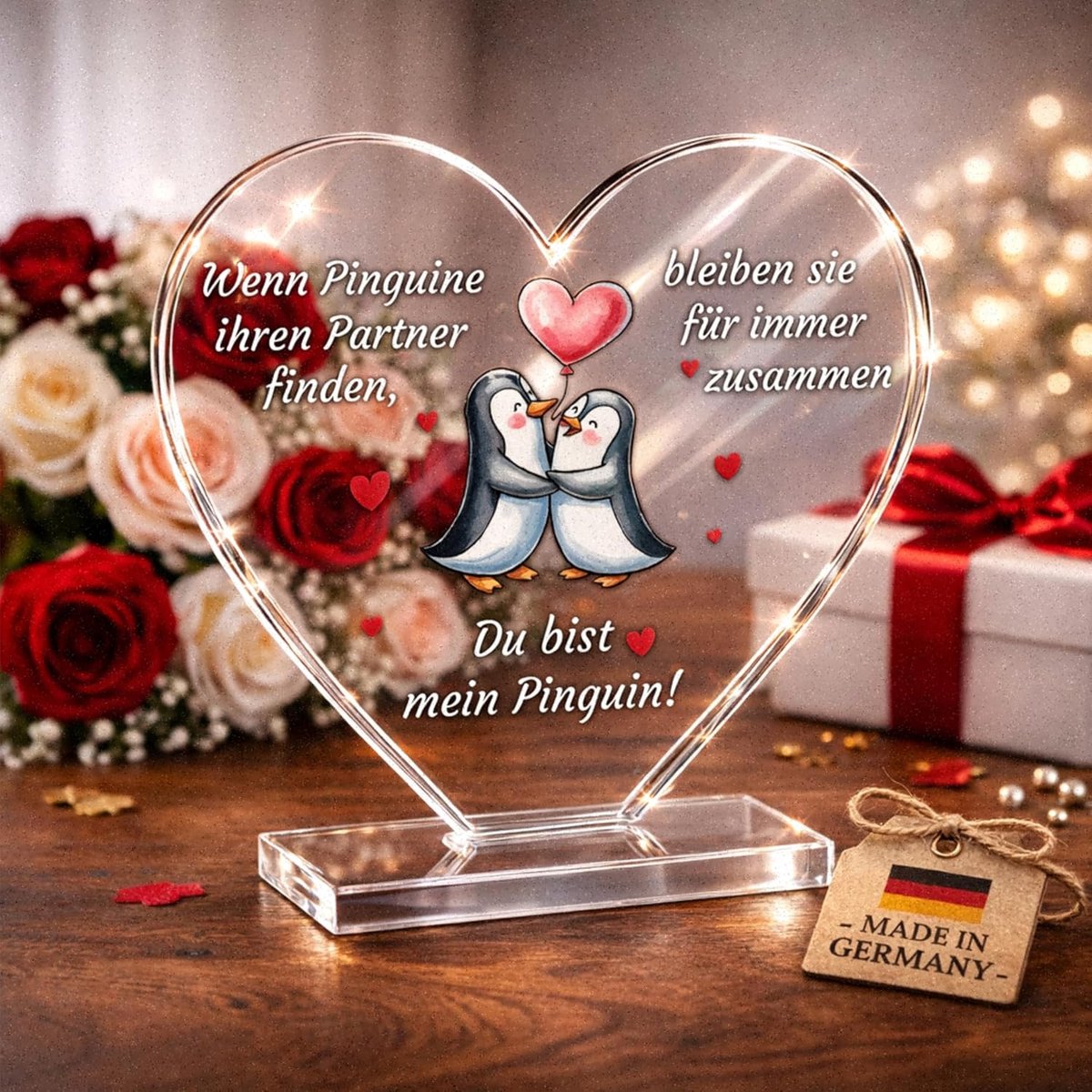 acrylglas hart met pinguïn motief, transparant, 5 mm, cadeau voor Valentijnsdag, jubileum, made in Germany