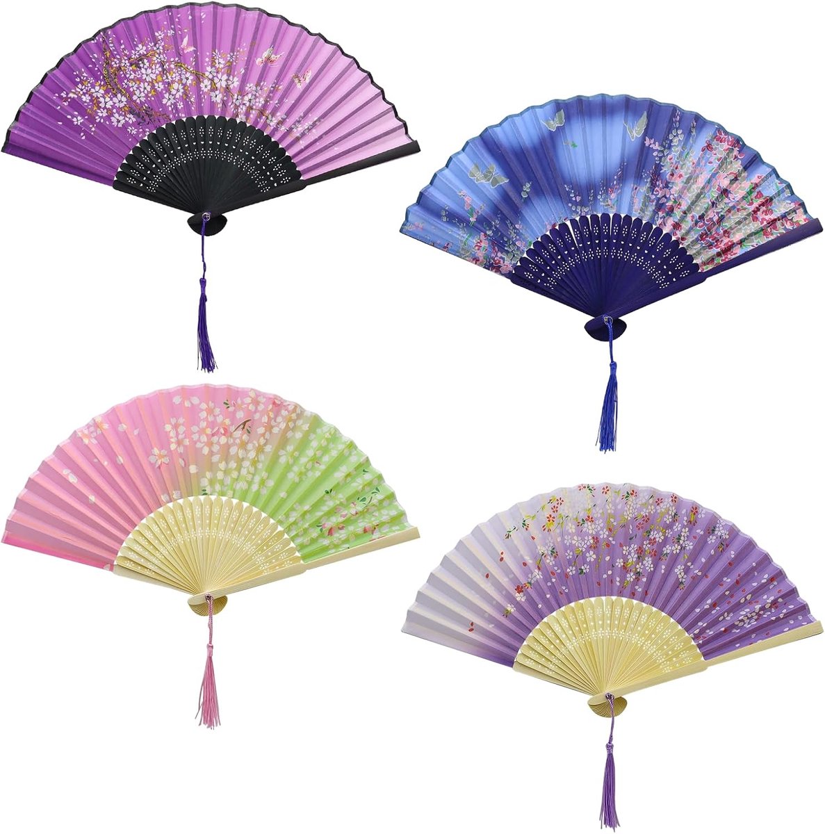 4 stuks Japanse waaiers 38/21 cm bamboe handwaaiers handgemaakte opvouwbare waaiers oosterse stoffen waaiers voor bruiloften, feesten, cosplay-rekwisieten, optredens, dansvoorstellingen.