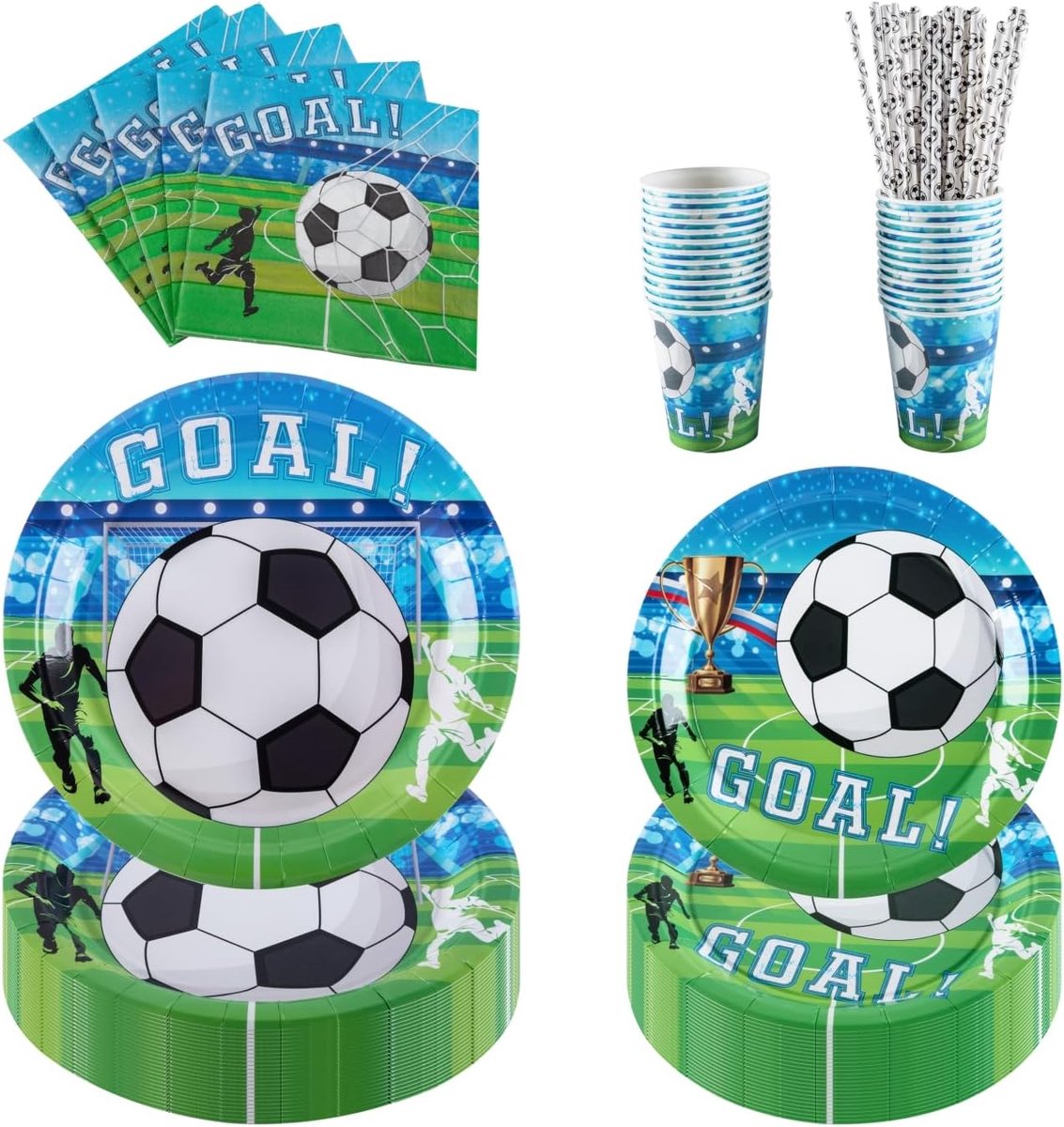 25-Guests voetbal papieren borden kopjes en servetten set, inclusief papieren borden (7 & 9 inch), kopjes, servetten, rietjes, ideaal voor World Cup, verjaardag, sport thema feest