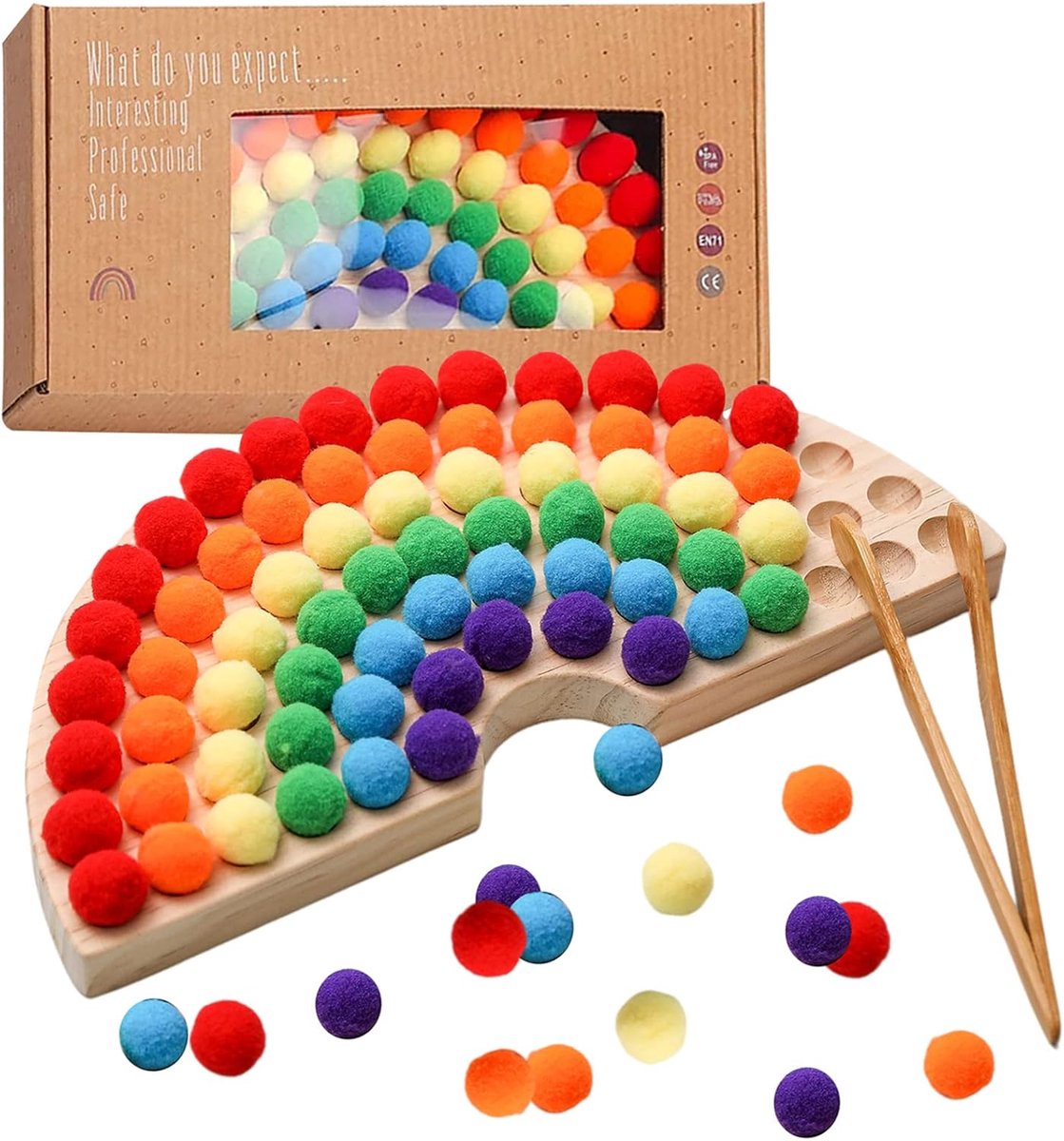 Houten Peg Board Kralen Spel Houten Clip Kralen Spel Kleurclassificatie Fijne Motoriek Montessori Educatief Speelgoed voor Wiskunde Leren (Regenboog Kleur)
