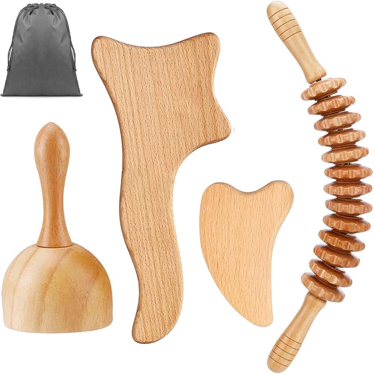 Dailygoods- Gua Sha Set 4 Stuks - Houten Massageroller/Rugkrabber - Massageapparaat voor Nek/Benen/Ogen/Rug - Pijnverlichting/Ontspanning - Maderother