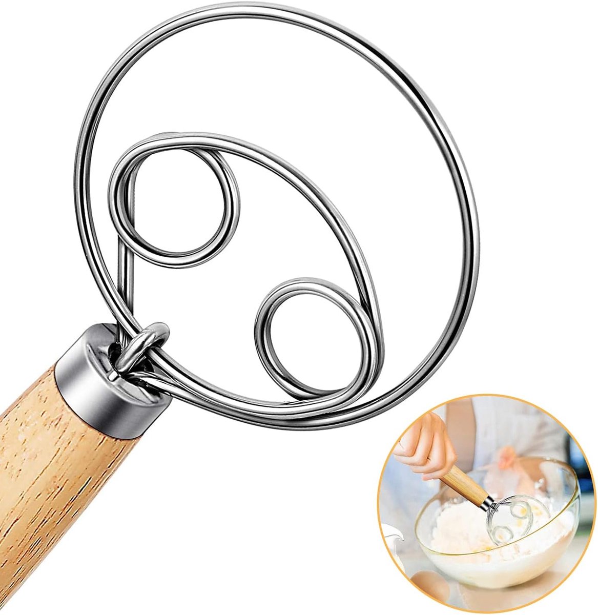 Dailygoods- Deense Deegbezem 33 Inch - Houten Handvat - Roestvrij Stalen Draad - Handmixer - Geschikt voor Brood/Pasta - Lichtgewicht Keukengereedscha