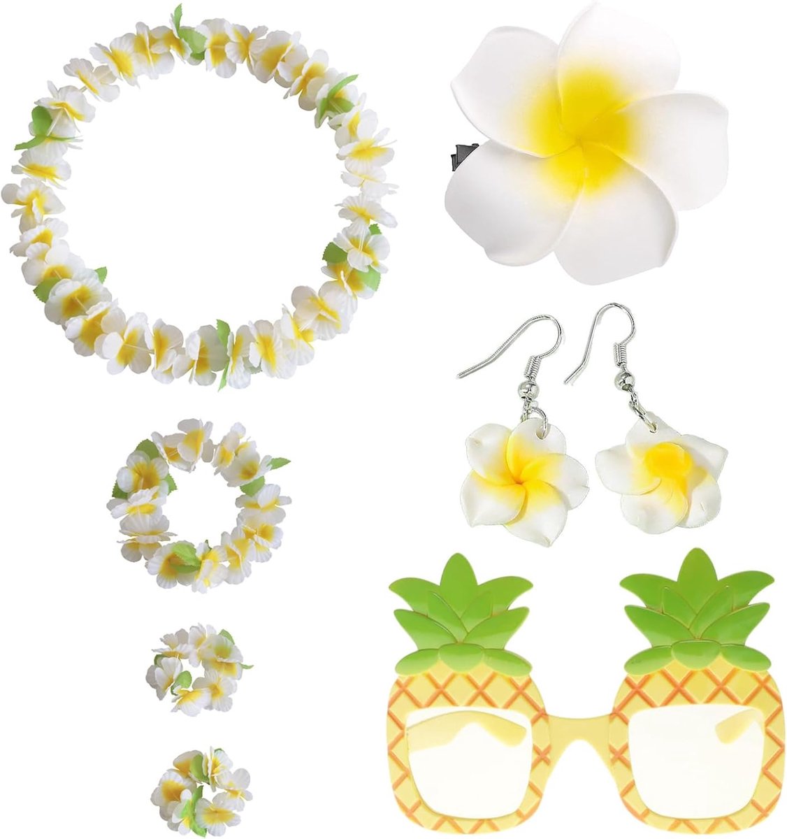 Outfit Dames Accessoires Set - 6 Delige Bloem Ketting, Ananas Zonnebril, Hoofdband, Oorbellen, Armbanden - Voor Hawaii Kostuum Feestbenodigdheden - Dames Hawaii Sieraden &