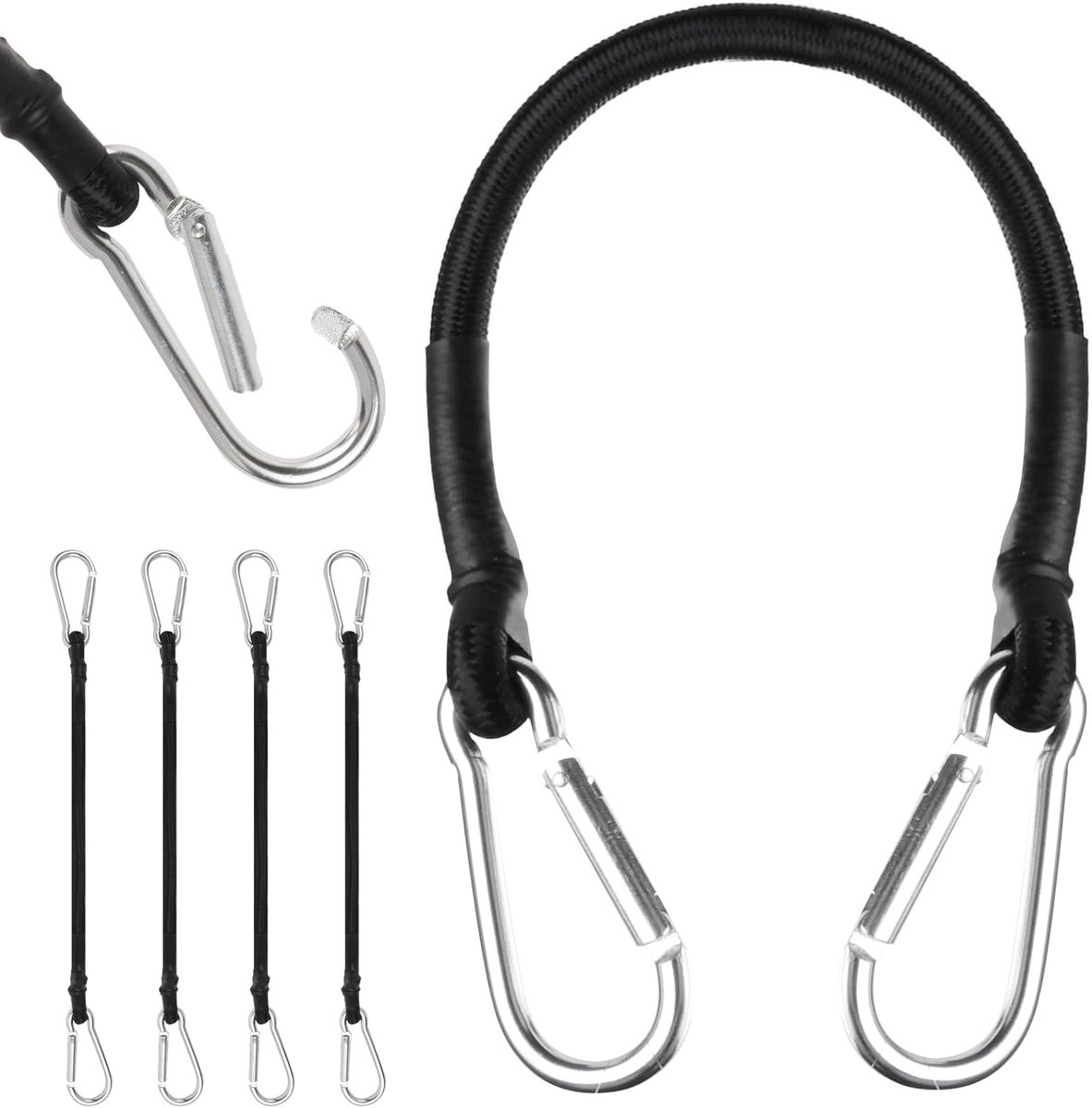 Dailygoods- Expandertouw 4 Stuks - Elastisch Koord 30/60/100 cm - Karabijnhaken - Slijtvast - Sterke Elasticiteit - Rubbergaren met Polypropyleen - El