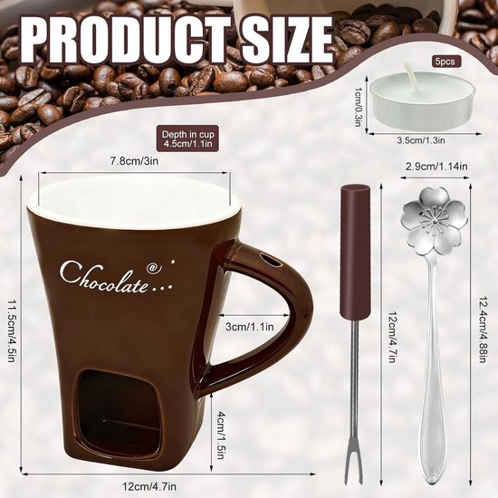 Mok voor Chocoladefondue - Wit - 200 ml - Keramische Fondue Set met Vork en Theelichtjes - Voor 1-2 Personen — afbeelding 2