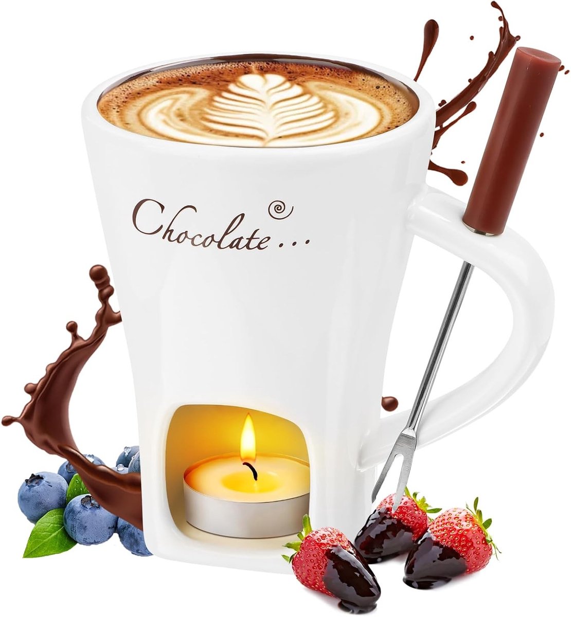 Chocoladefondue Mok - Wit - S - Keramische Fondue Set met Vorken - Voor Chocolade en Kaas