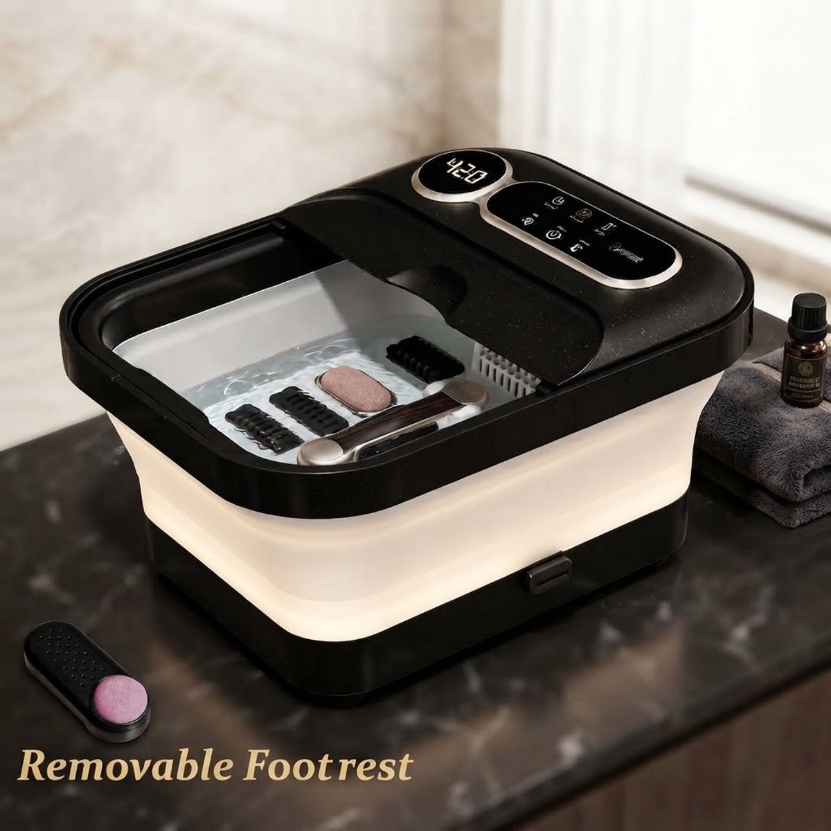 Opvouwbare voetspa met verwarming, temperatuurregeling en bubbelfuncties; beschikt over een touchscreen, 6 rollers en een uitneembare voetensteun; een draagbare, opvouwbare voetspa voor thuisgebruik, het perfecte cadeau voor familie en vrienden