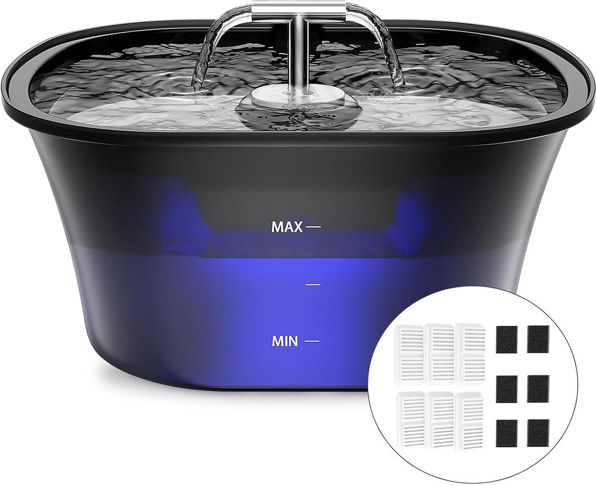 2,5L drinkfontein voor katten, ultra stille waterfontein voor katten met led en 6 actieve koolstoffilters, viervoudig filtersysteem, gemakkelijk te reinigen, BPA-vrije
