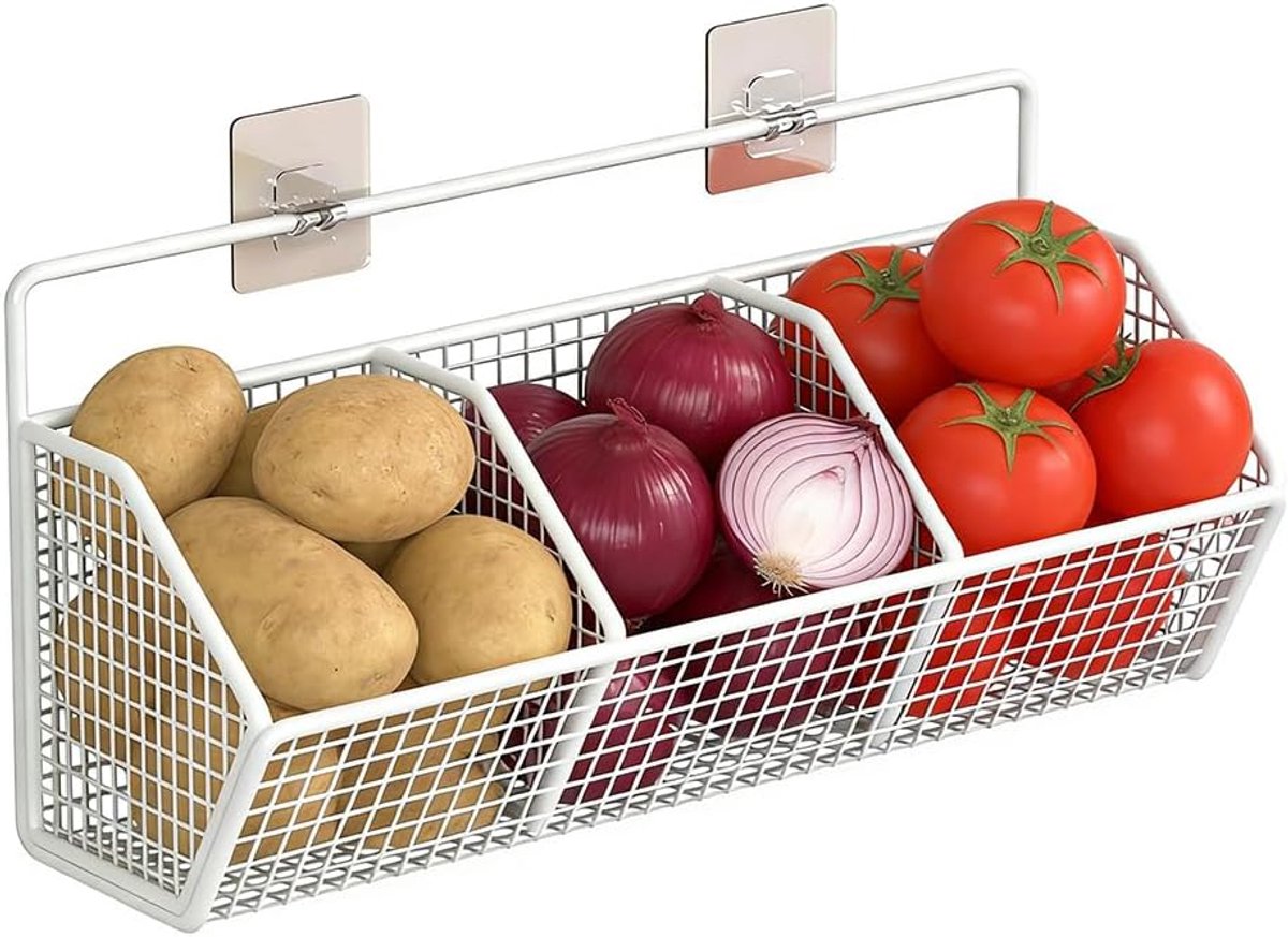 Hangend, metalen wandmand met 3 vakken, hangmand voor keuken, zonder boren, fruitstandaard, fruitrek, wandopbergmanden voor groenten, fruit en brood (wit)