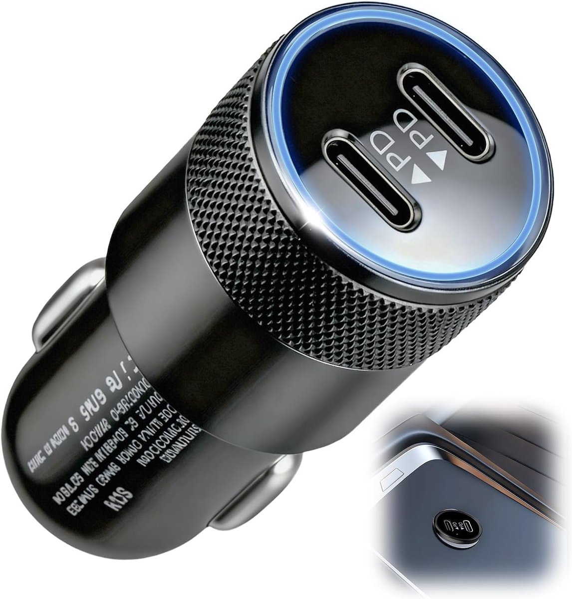 Oplader voor sigarettenaansteker 60 W dual poort, sigarettenaansteker, USB C, met PD QC 3 0, autolader, USB C, snel, compatibel met iPhone Samsung Galaxy Google Pixel Huawei Xiaomi en andere