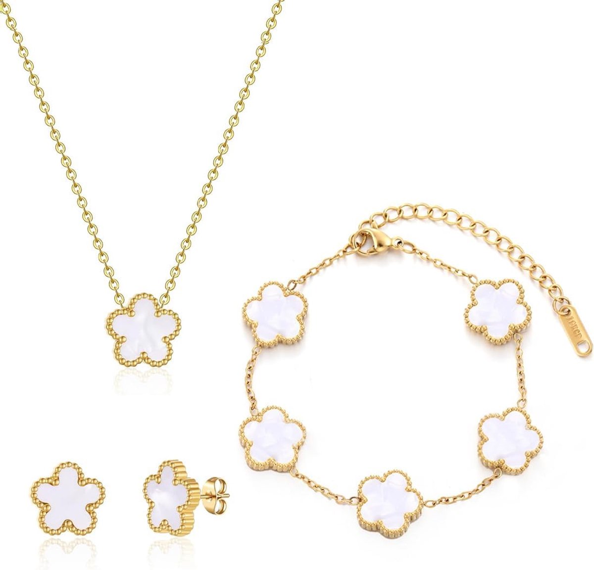 Sieradenset voor dames en meisjes, 18K verguld roestvrij staal, dubbelzijdig, klavertjevierhanger, ketting, oorknopjes, armband, geluksbrenger, trendy, verstelbare sieradenset