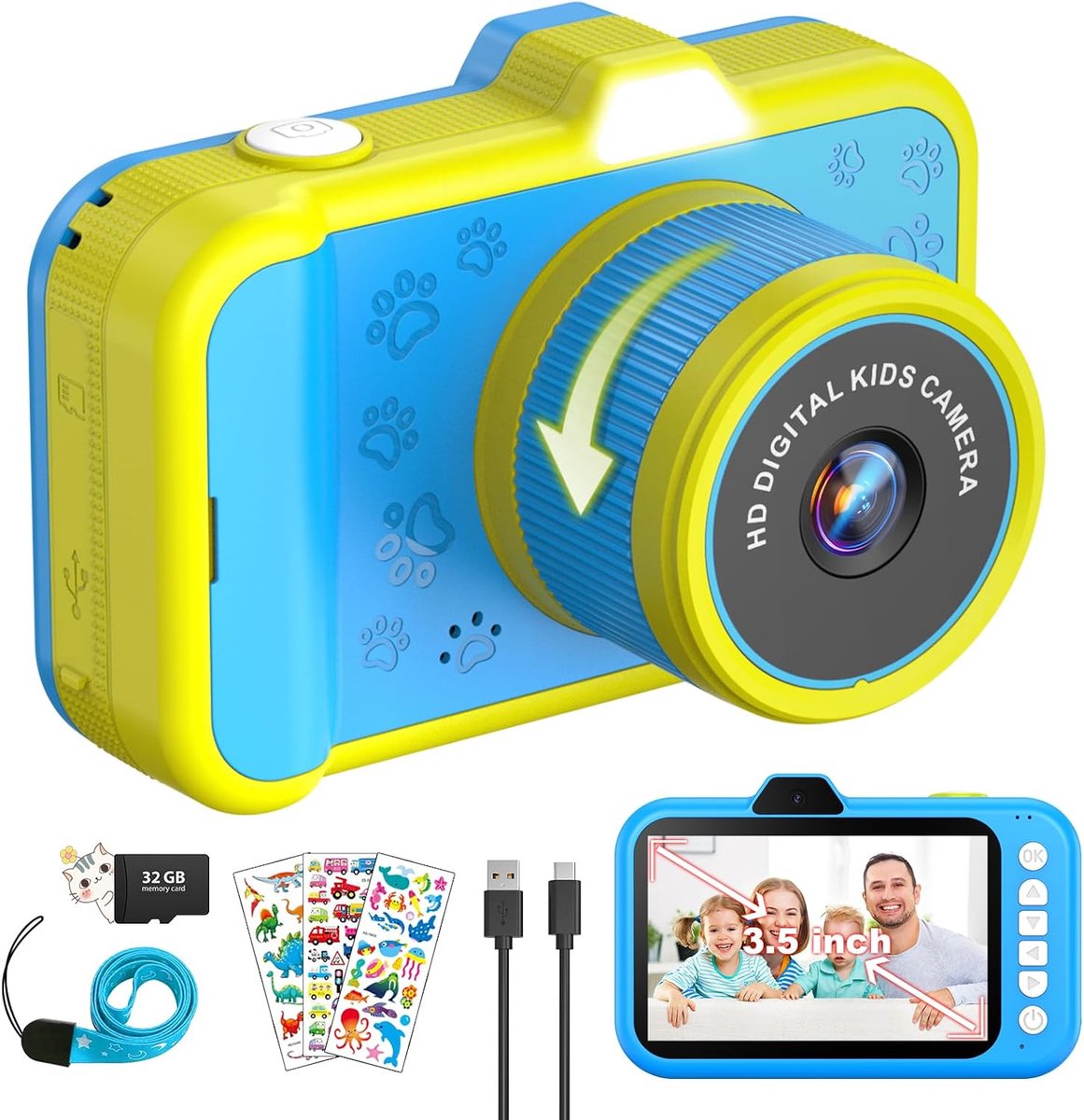 3,5 inch (8,9 cm), groot scherm, 48 MP, 1080p, digitale camera voor kinderen, met 360° zoomlens, led-flitser, 32 GB TF-kaart, kerstcadeau, speelgoed voor 3, 4, 5, 6, 8, 7, 9, 10, 11, 12