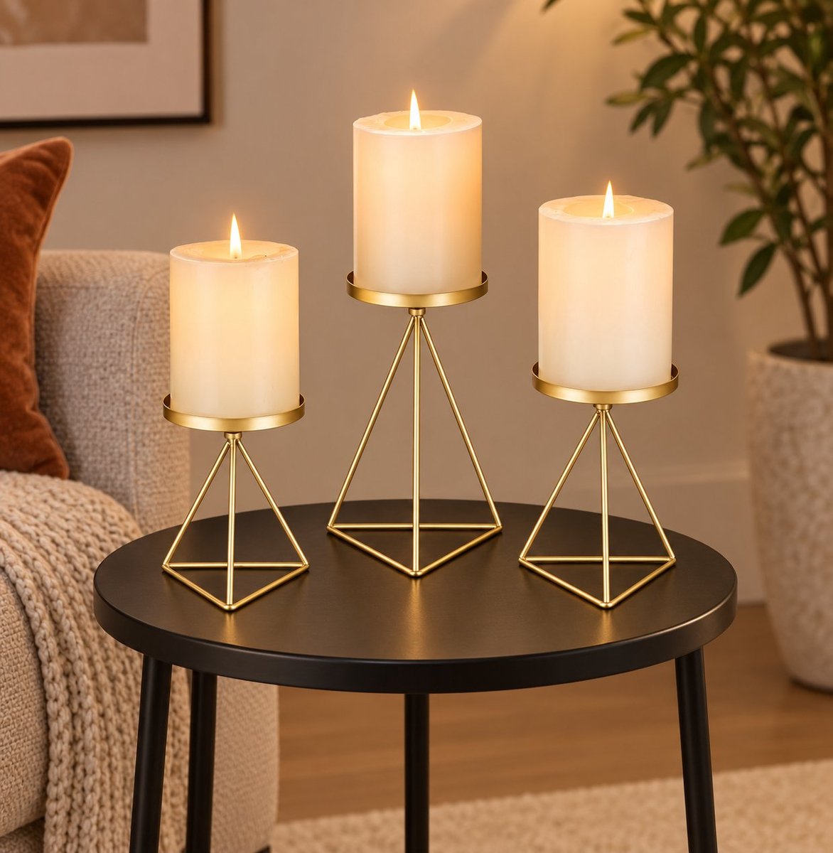 R H R&H® Geometrische Kandelaars Set van 3 - Gouden Metalen Draad Kandelaars voor Pijlerkaarsen - Vintage Tafel Decoratie voor Woonkamer Eetkamer Openhaard