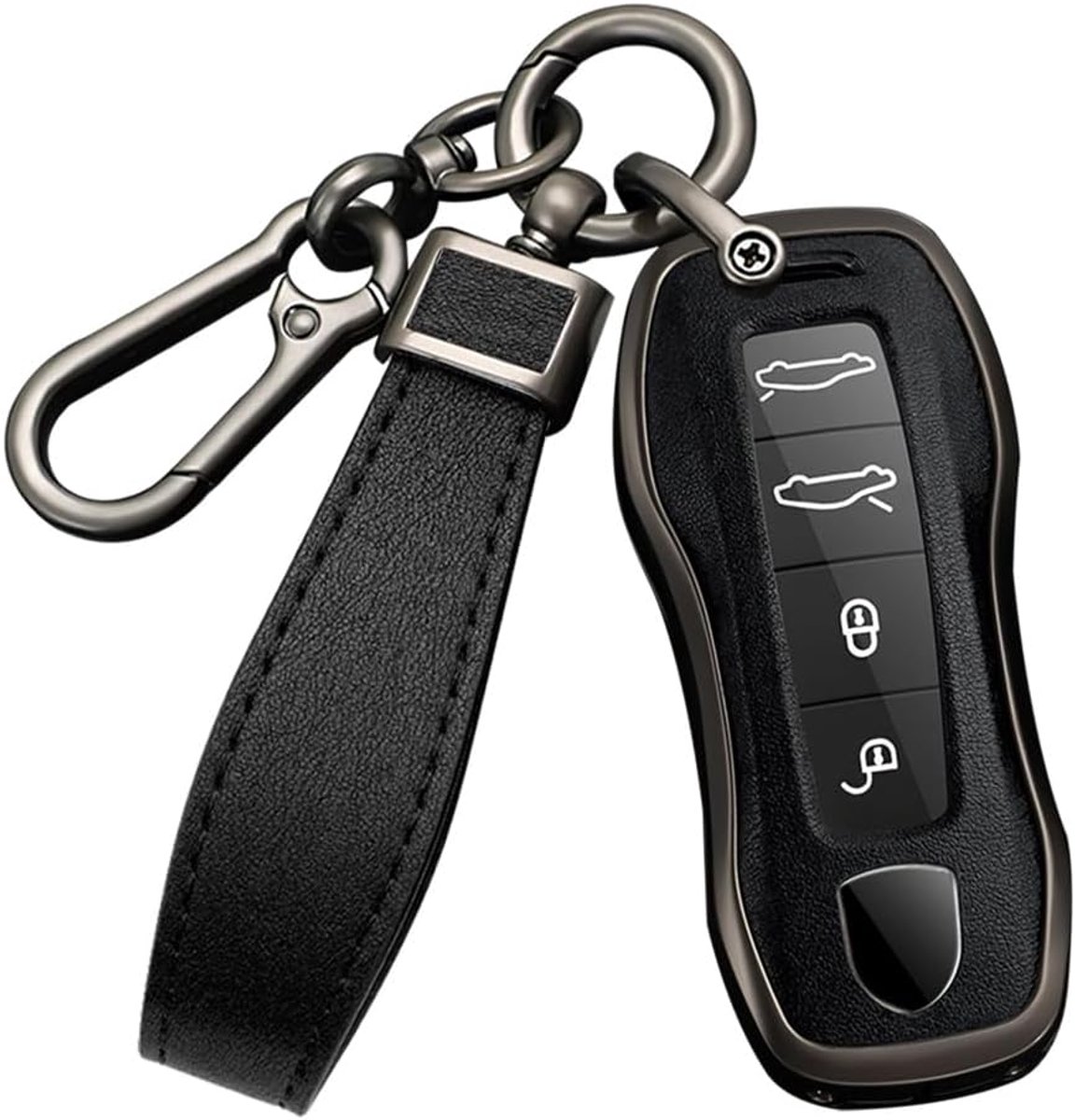 autosleutelhoes geschikt voor Porsche beschermhoes, sleutelhoes, afdekking voor Porsche 911 971 9YA Maca Taycan Boxster, Panamera afstandsbediening met sleutel, haak, zwart