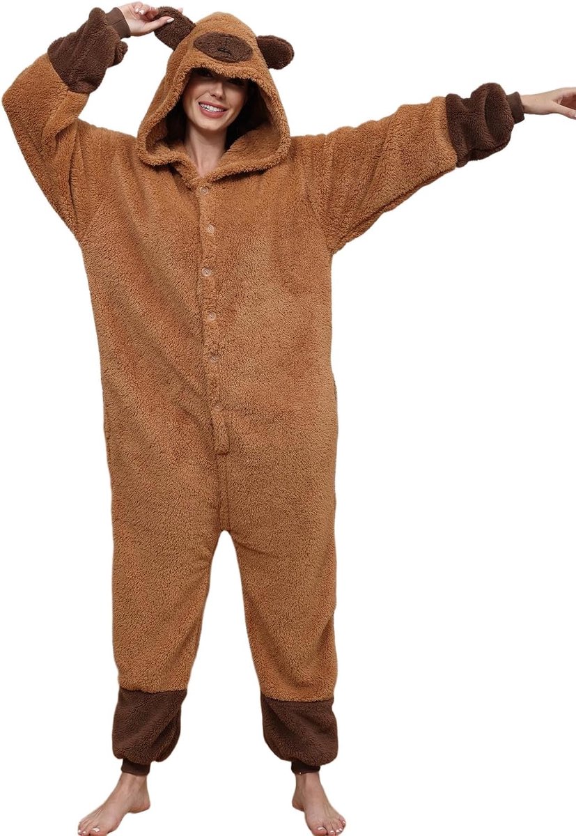 pyjama voor dames, lang, winter, eendelig, dierenkostuum, jumpsuit dames, behaaglijke pyjama, fleece, onesie, kleding met capuchon