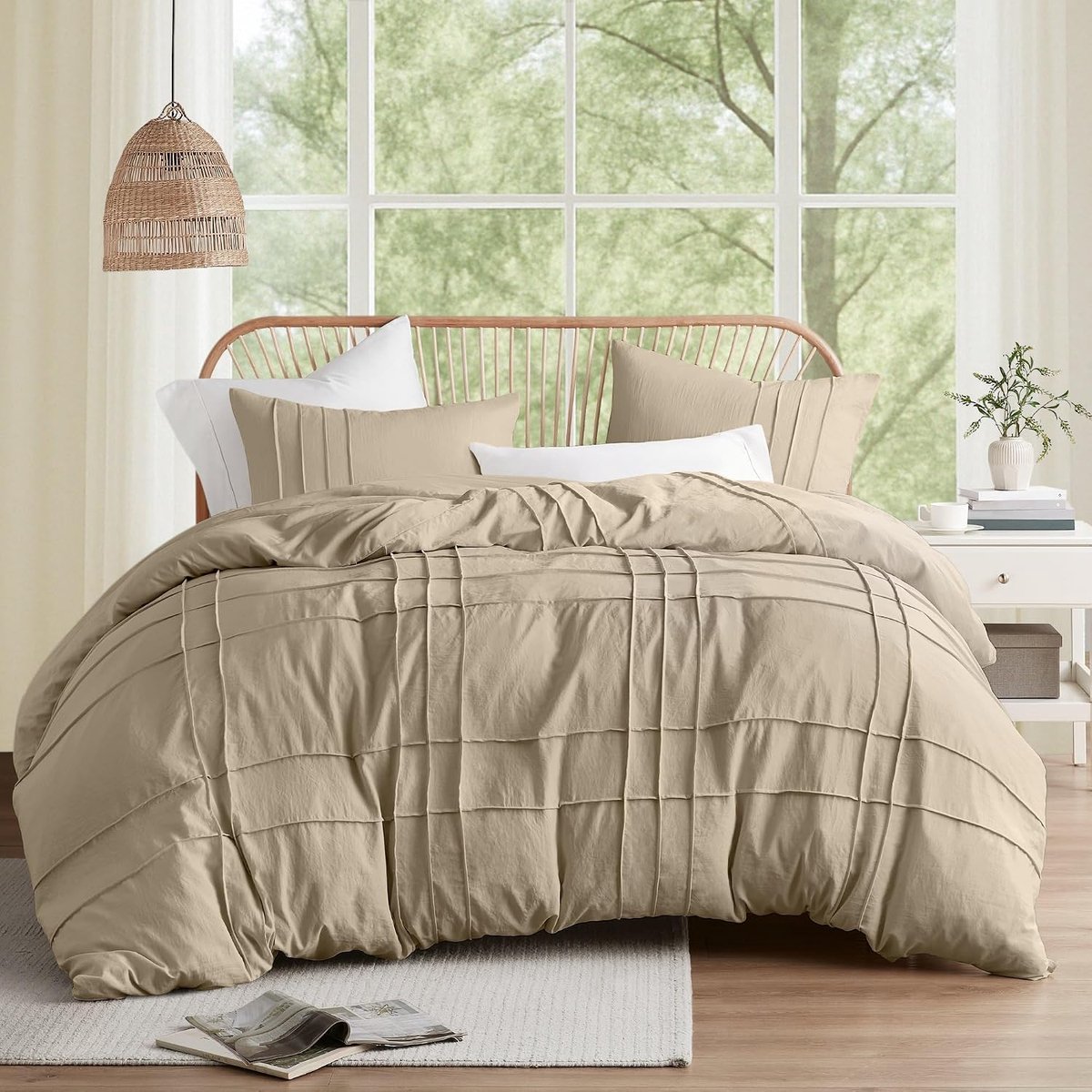 Spaces Khaki Cal King Size Dekbedovertrek Set - 3-delig Pintuck Geplooid Dekbedovertrek Cal King, Alle Seizoen Lichtgewicht, Extra Zachtheid Voorgewassen Microfiber Cal Kingsize Bed Cover