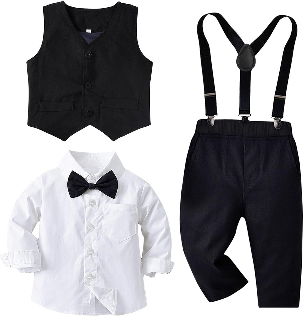 Herenpak, peuter formeel vest outfit bruiloft feest, shirt met lange mouwen + strikje + vest + jarretel broek 5 stuks set
