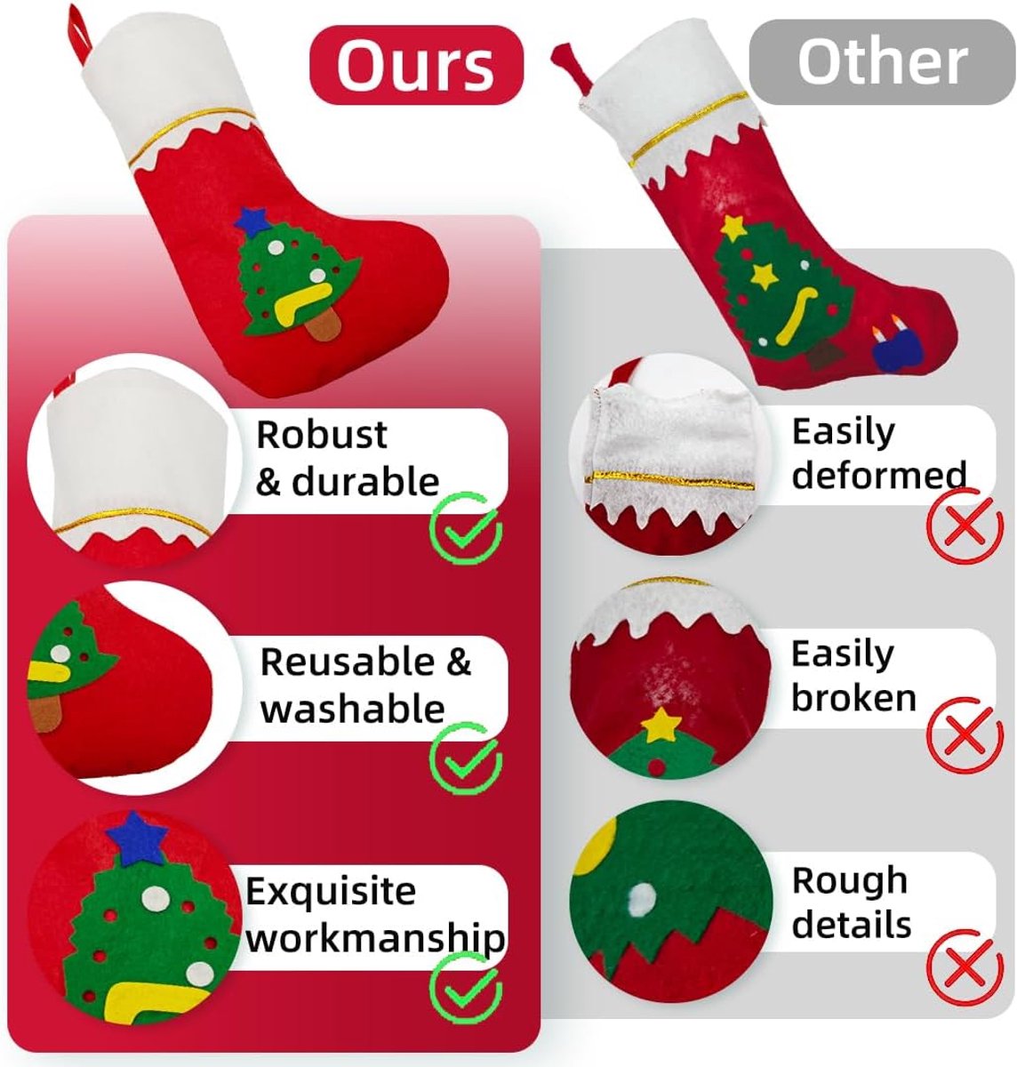 Kerstkous om te vullen 4-delige kerstdecoratie set vliesstof kerstkousen schoorsteensokken kerstsokken voor vulling kinderen Kerstmis open haard decoratie rood