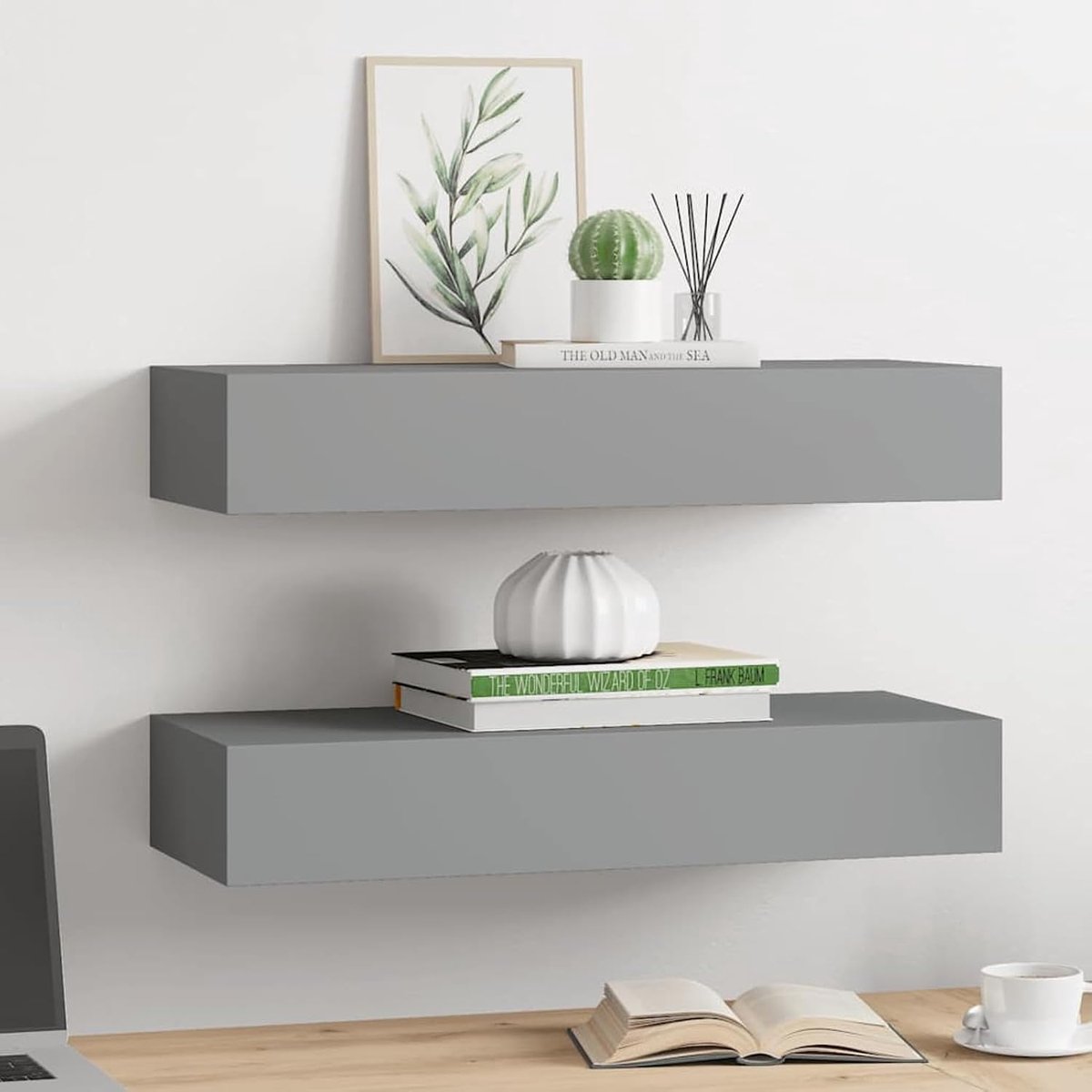 Wandgemonteerde ladeplanken 2 stuks grijs 60 x 23,5 x 10 cm MDF wandplanken voor badkamer slaapkamer woonkamer keuken hangende plank voor boeken/opslag/kamerdecoratie