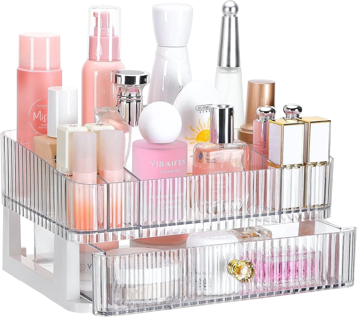 Organizer, doorzichtige make-uptafel, organizer met 2 laden, badkamer, make-uptafel, acryl make-upbox, make-up voor oogschaduw, lippenstift enz. (1 lade)
