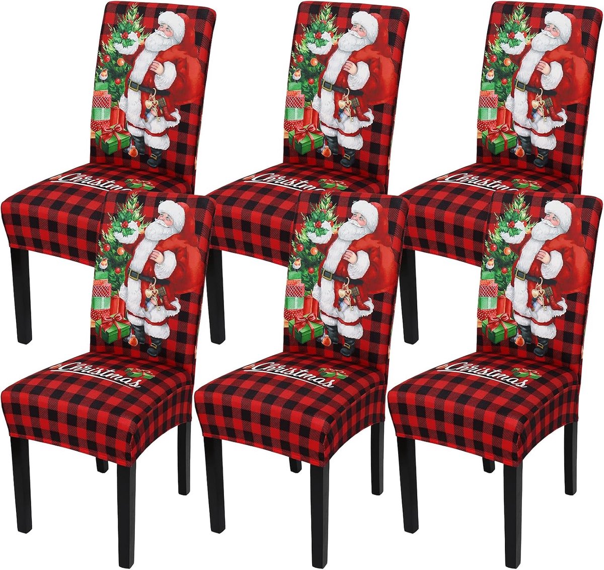 Eetkamerstoelhoezen set van 6 kerst stretch eetkamerstoel slippers. Verwijderbare wasbare kerststoel overtrekken hoge rug eetkamerstoel hoes voor woonkamer keuken (geruit)