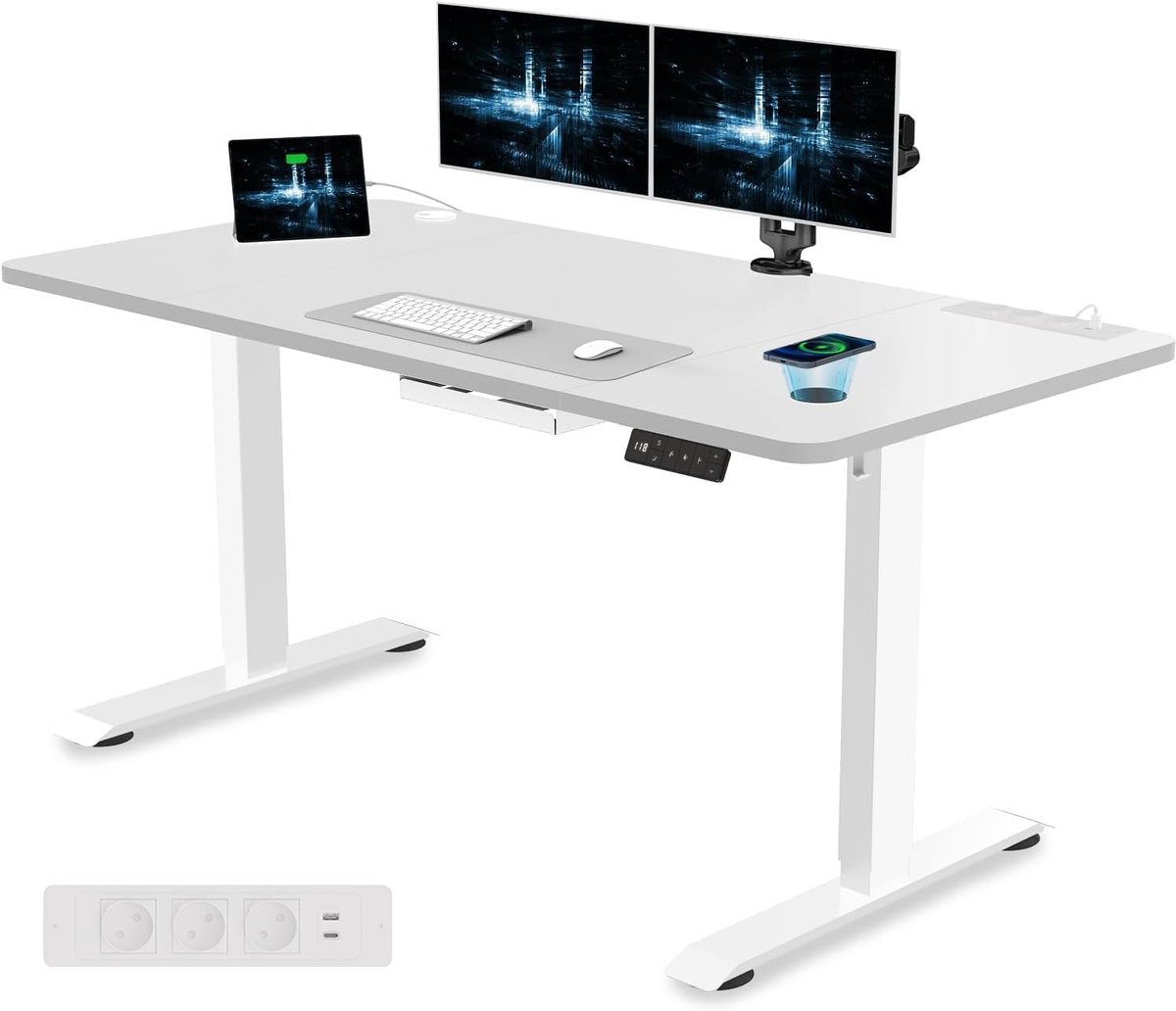 Devoko In hoogte verstelbaar bureau, 140 x 70 cm, met stopcontact, draadloos opladen en USB, elektrisch verstelbaar computertafel met geheugenfunctie en kabelmanagement, ideaal voor gaming en kantoor