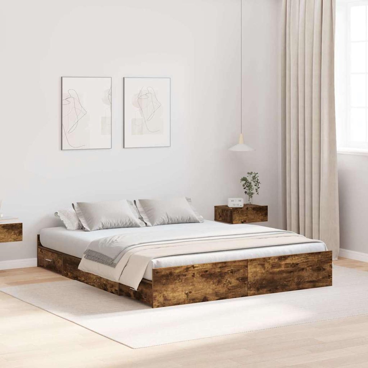 Grenen opbergbedframe modern slaapkamer 140x200 gerookt eiken