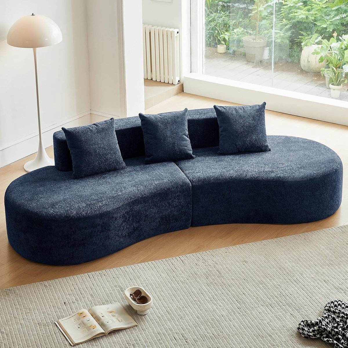 Moderne gebogen hoekbank voor 5 personen in fluweel - Gebogen design - Comfortabel gestoffeerde bank met kussens - Geschikt voor de woonkamer en appartementen - Blauw