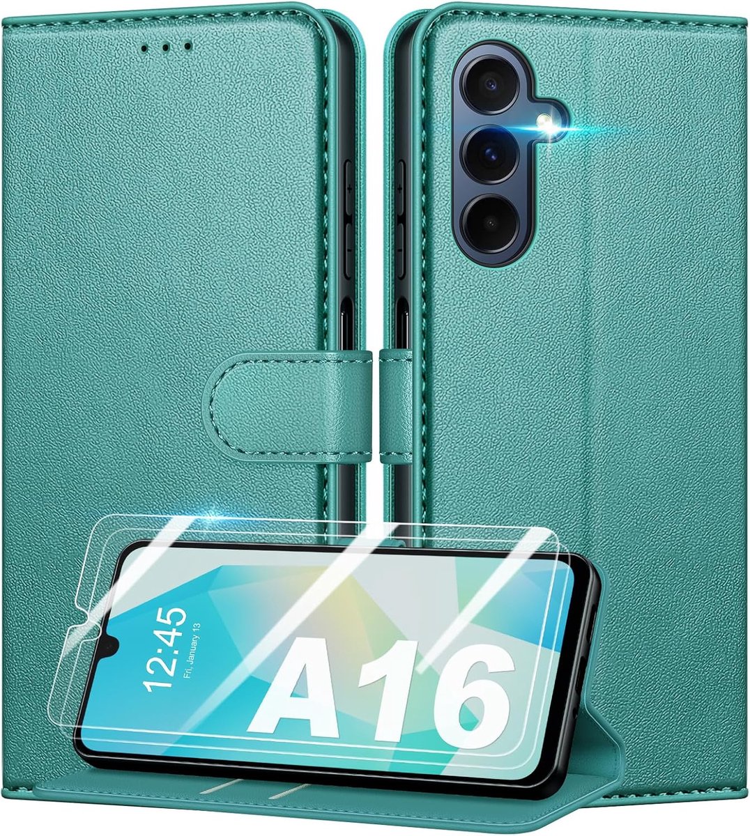 2 x Hoesje voor Samsung Galaxy A16 4G / 5G + schermbeschermer van gehard glas, RFID-blokkering. Premium PU-lederen flip case portemonneehoesje telefoonhoesje beschermer [kaartsleuven]