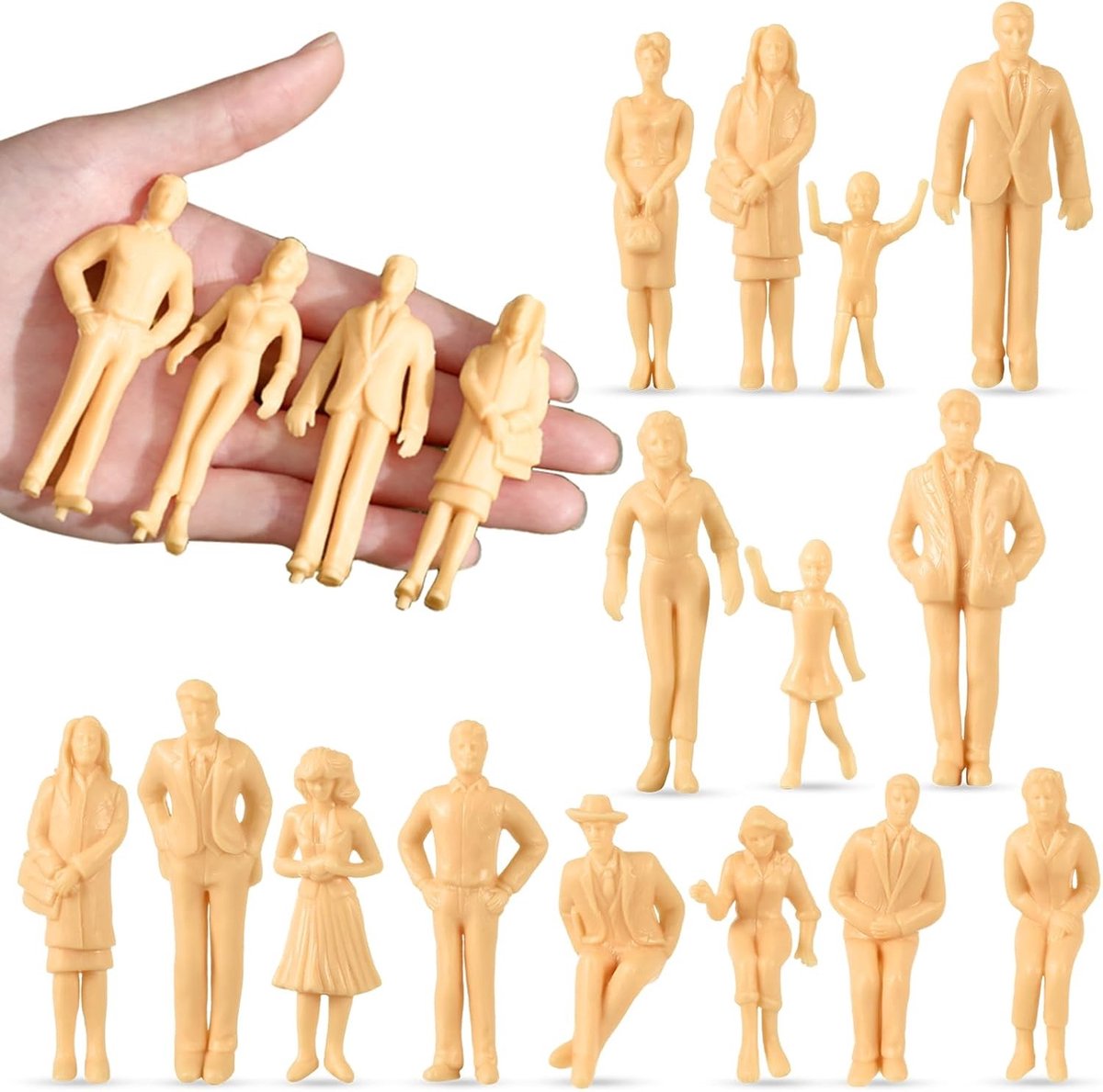 Miniatuur Figuren van Zittende en Staande Personen voor Diorama's en Treinscènes - Decoratieve Architectuur Modellen in Diverse Kleuren (15 stuks)