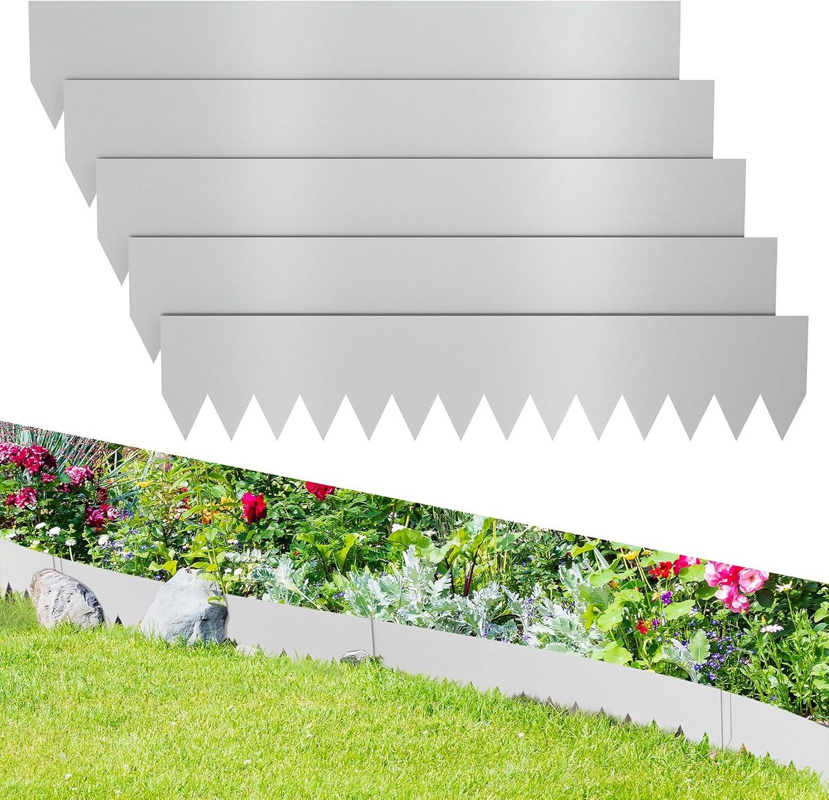 5 stuks verzinkte gazonrand, metaal, 20 x 100 cm, 5 m, roestbestendige perkrand, flexibele bloembedbegrenzing, maairand, tuinpalissade voor binnenplaats, gazon, eenvoudige montage, zilver