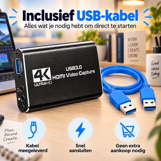 Zwarte 4K HDMI video capture kaart met USB 3.0, met een meegeleverde blauwe USB-kabel op een bureau. Bevat "Inclusief USB-kabel" en "Alles wat je nodig hebt om direct te starten".