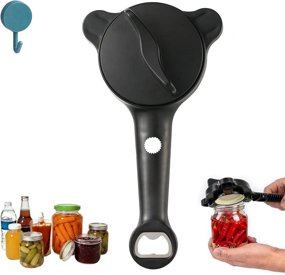 Dekselopener voor senioren, 4-in-1 multifunctionele glasopener, verstelbaar, 2,5-8,9 cm, schroefdekselopener voor zwakke handen en artritis, flesopener, keukenhulp voor glazen, flessen, schroefpotten
