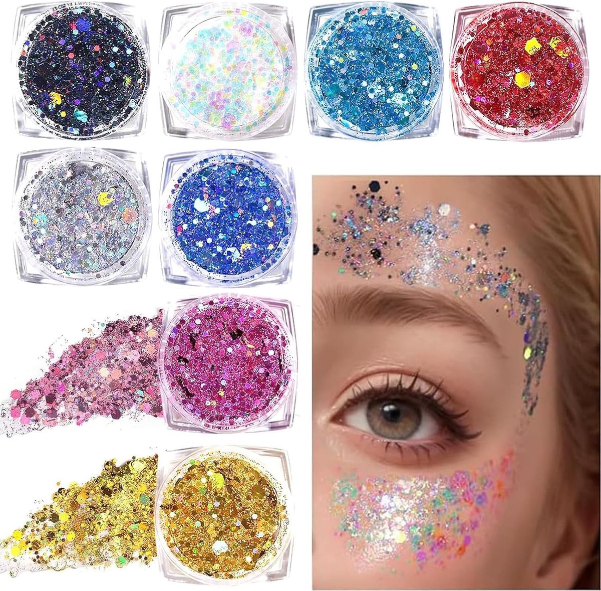 Kleurige Glitter Gel voor Festival Make-up, 8 Stuks met Sequins voor Carnaval en Halloween, Perfect voor Feestelijke Looks
