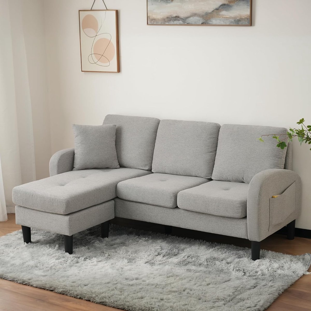 L-vormige hoekbank, hoekbank klein, 3-zits slaapbank met chaise longue, bank voor kleine woningen, grijs (grijs, 3-zits)