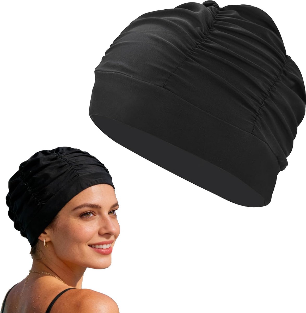 Badmuts voor dames, 1 stuk badmuts voor dames, elastisch polyester, ademende badmuts voor lang haar, vrouwen, meisjes, badmuts voor strand, zwembad, vakantie, zwart