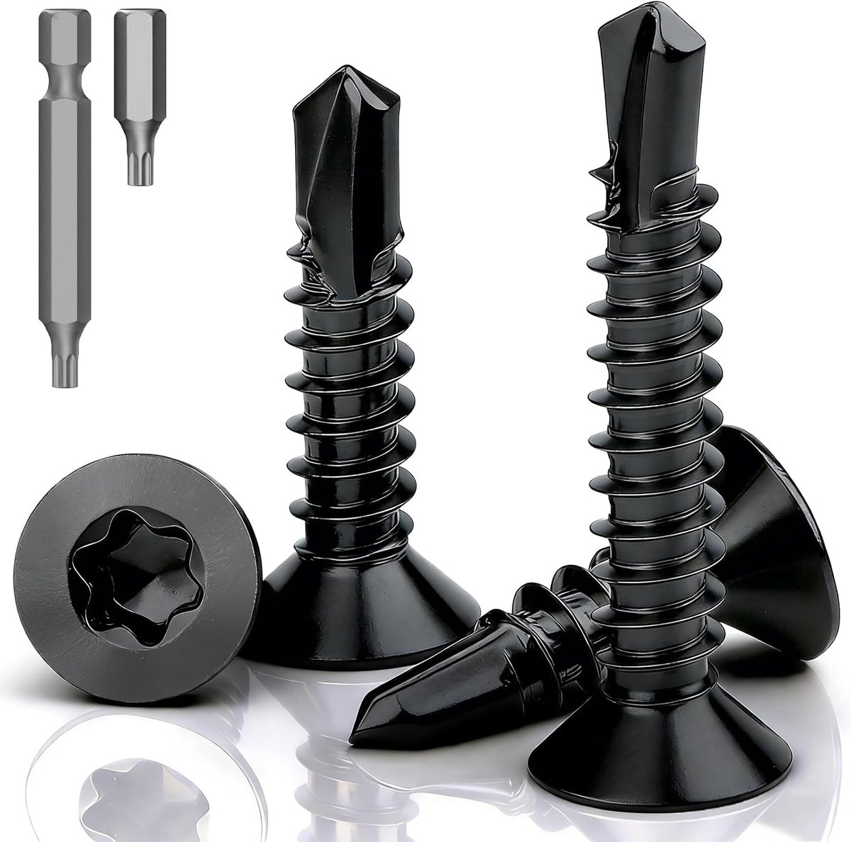 50 stuks boorschroeven, Torx, zelftappende schroeven, verzonken kop, 5,5 x 75 mm, zelfborende schroeven, roestvrij staal, 410 plaatschroeven, DIN 7504, zwart, platte kop, zelfborende schroeven