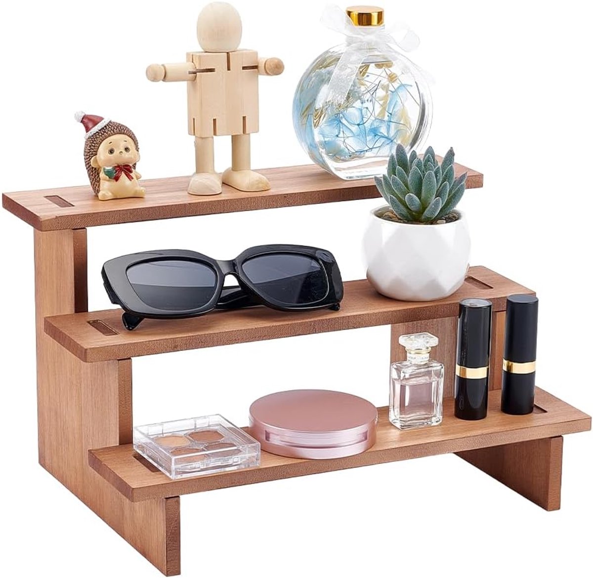 Houten tentoonstellingsrek met 3 niveaus, kleine tafelstandaard voor levensmiddelen, make-up-display, parfum, cosmetica en verzamelingen van figuren, Peru, 29,6 x 20,2 x 17,5 cm