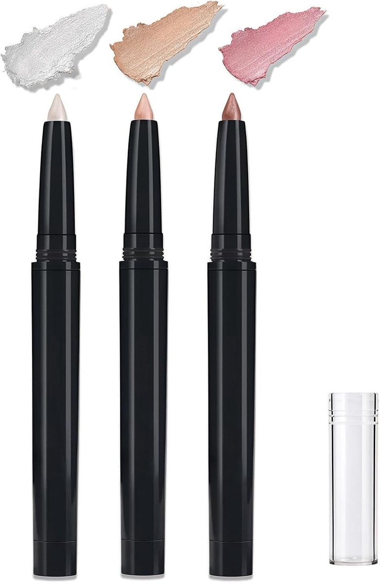 Drie Delige Set van Roze en Witte Oogschaduwpotloden, Waterdichte Oogschaduw Sticks, Romige Eyeliner en Langdurige Glanzende Oogschaduwkwast